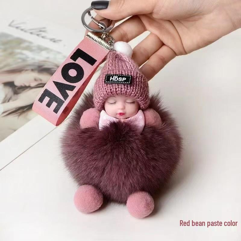 Exquisite Handmade Plush Sleeping Doll Pendant with Faux Mink Fur, Perfect As a Backpack Accessory