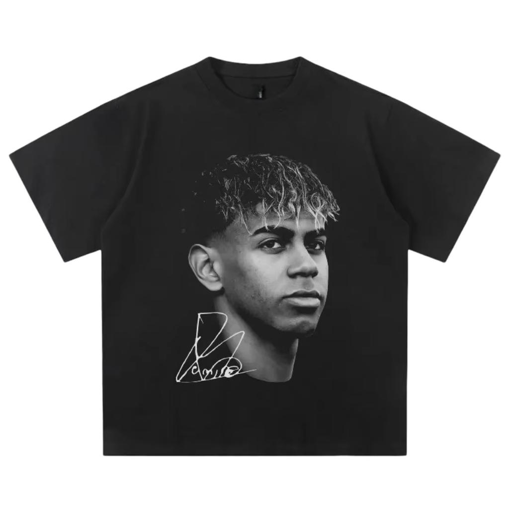 Front Soccer Athlete Head Portrait Handwritten Signature Print Unisex Drop Shoulder Loose Cotton Street Top For Adults Children