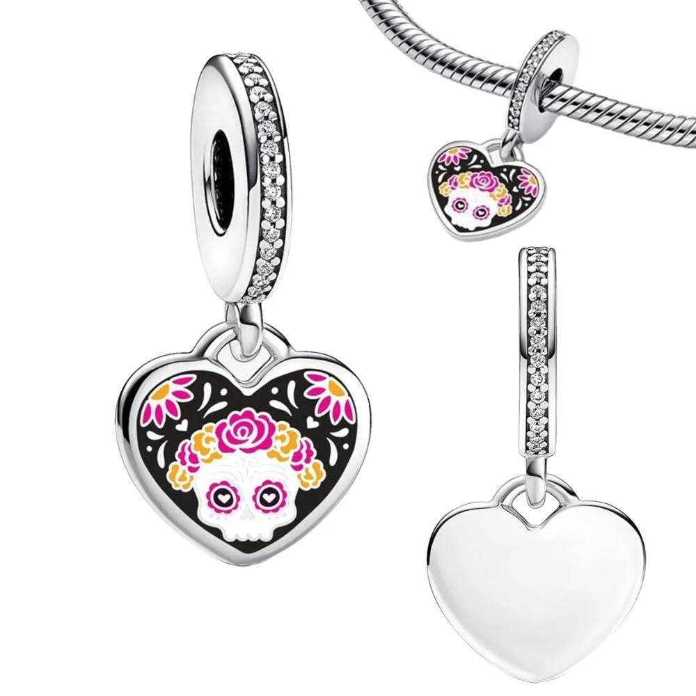 925 Silver Pink Blossom Dangle Charm Butterfly Heart Flower Rose Bird Bead For DIY Necklace Bracelet Fine Jewellery
