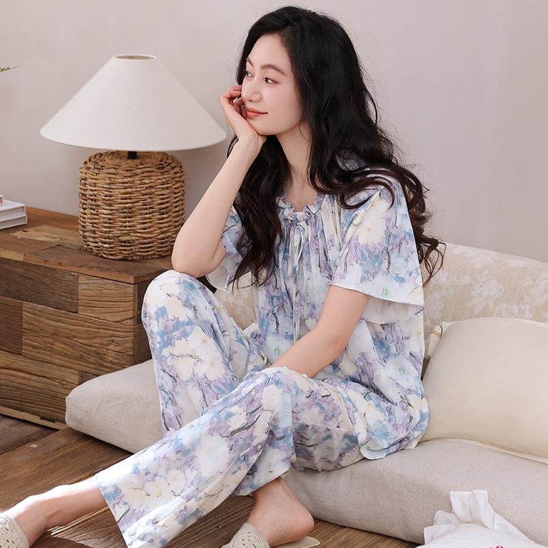 Pajamas women's summer pure cotton short-sleeved trousers thin summer 1011 new high-end sense can be worn outside summer loungewear