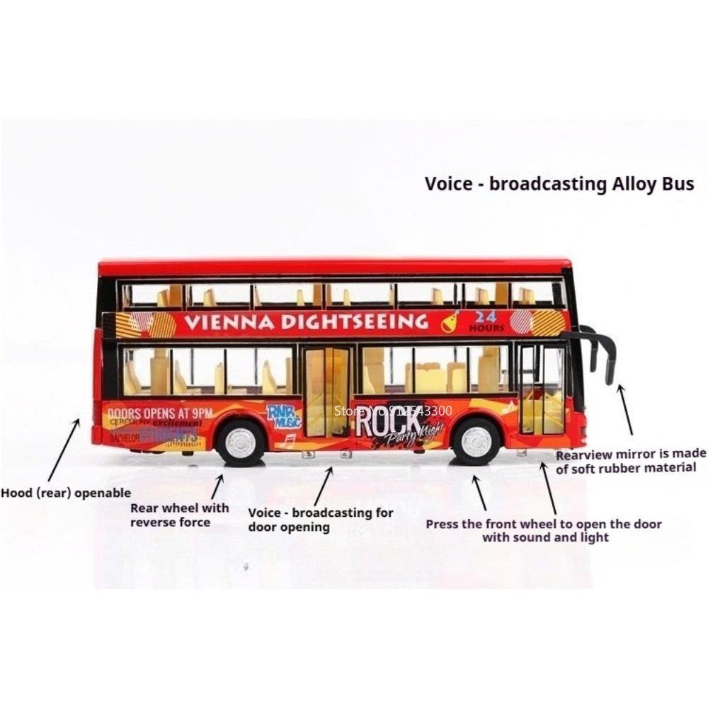ABAO1 1:36 Double-decker Bus Car Model Toy Doors Opened Pull Back Miniature Models Sound Light Rubber Tires Vehicle Home Decorations