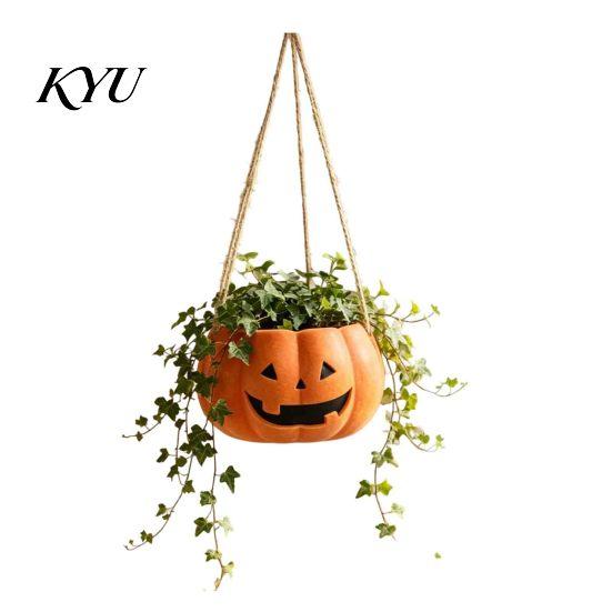 Durable Resin Planter Pumpkin Shaped Hanging Plant Pot, 4.3 Inch Lightweight Flower Adjustable Garden Decor Rope Mini Pots for Indoor Outdoor