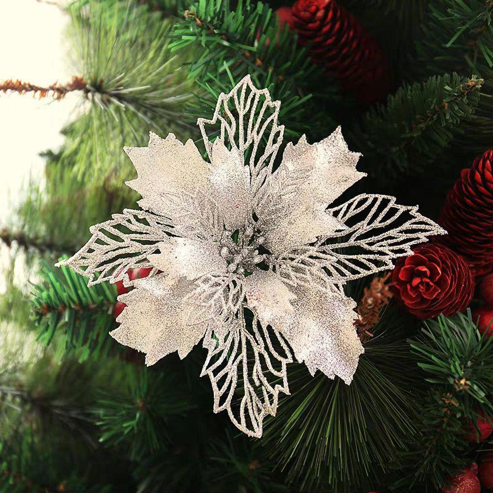 10pcs/set Christmas Glitter Flower 10cm Gold Silver Red Artificial Floral Head Xmas Tree Decoration Home New Year Navidad Gifts