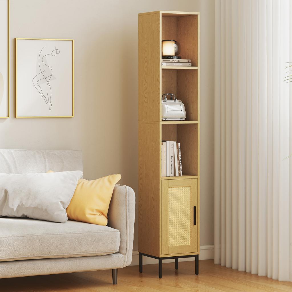 Tall Bathroom Cabinet, Narrow Bathroom Cabinet with Open Shelves and Adjustable Shelf, Natural Wood Look