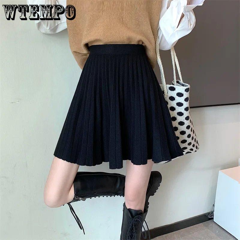 WTEMPO Knitted Pleated Skirts Women Elastic High Waist Sweater Skirts Spring Autumn Solid Casual Knitting Ribbed Mini Skirts