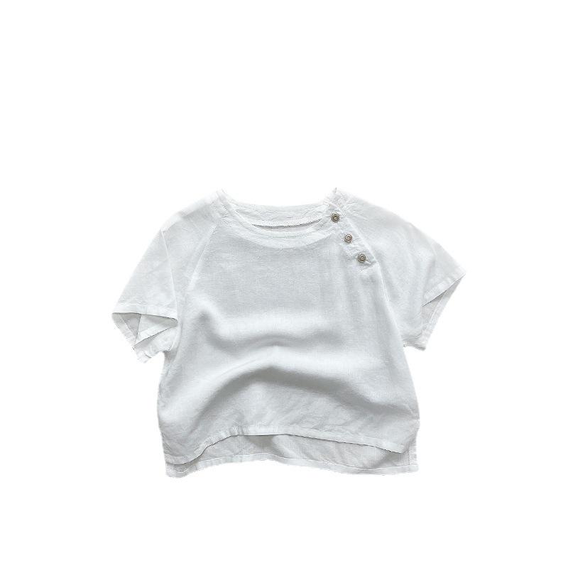 Детская летняя хлопково-льняная блузка 2025 года - футболка с коротким рукавом в корейском и японском стиле для мальчиков и девочек