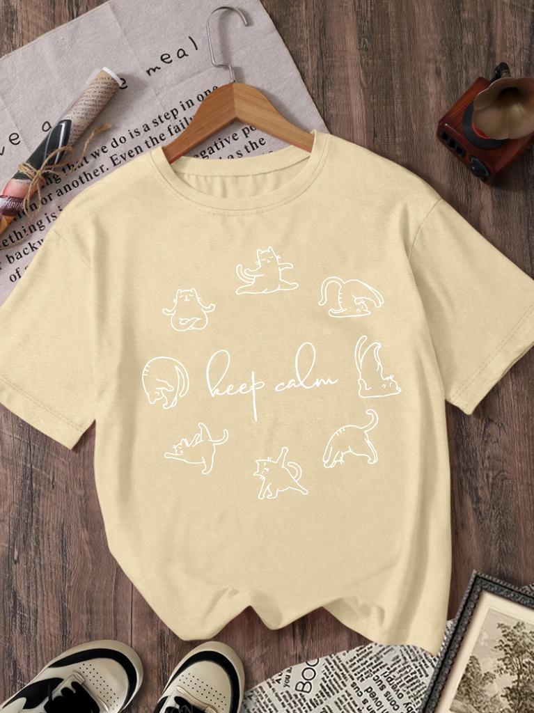 New Womens Yoga Cat Printed Comfortable Round Neck Tshirt With Multiple Colors Available For Home And Outdoor Casual Tops