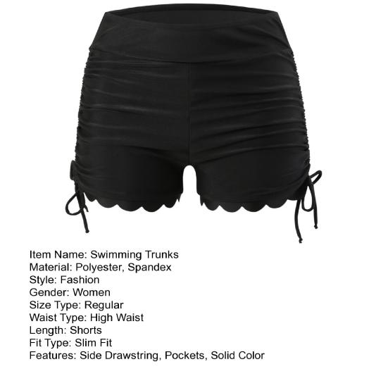 Swimming Trunks with Side Slit Adjustable Drawstring Belt Pleated Solid Color High Waist Swimming Shorts