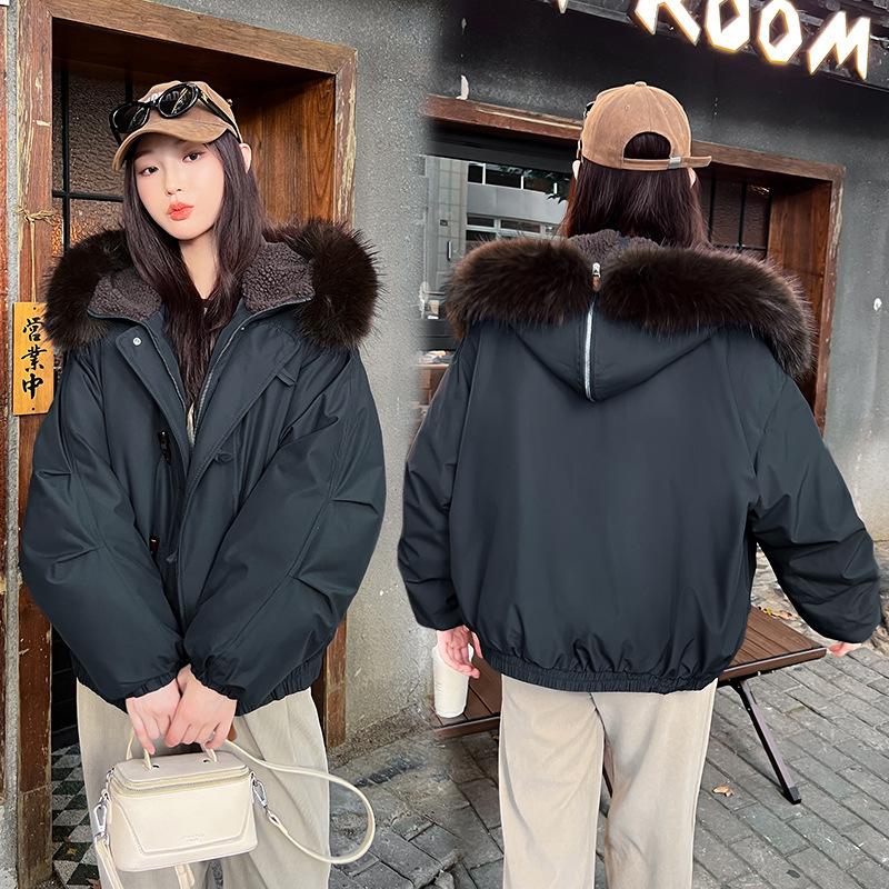 Korean retro fur collar hooded cotton jacket women's clothing winter new horn buckle thickened warm cotton coat