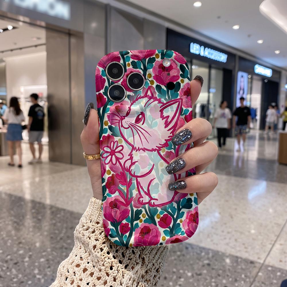 Floral Line Art Cat Wavy Edge Phone Case For iPhone 16 15 14 Pro Max 13 12 11 Mini XR XS SE 2020 7 8 Plus Air Cover Frame
