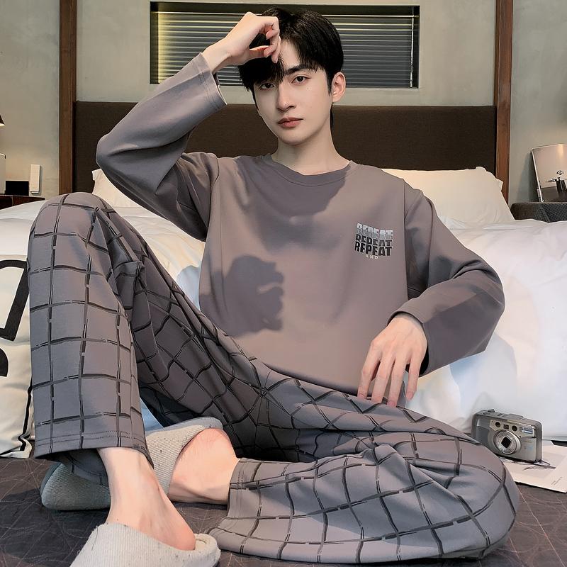 2-Piece Spring and Fall Men's Cotton Pajamas Set Boys Soft Long-Sleeved Sleep Rest Home Party Pajamas Men's Casual Homewear
