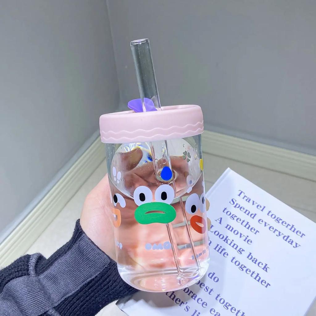550ml Cute Kawaii Glasses With Lid and Straw Bubble Tea Cup Glass Cups For Coffee Mug Juice Can Milk Mocha Water Cup Drinkware