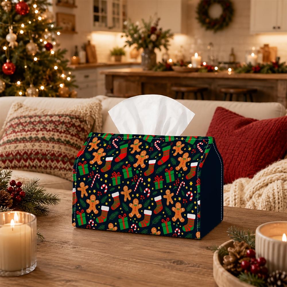 1pc Christmas Classic Festive Element Tissue Box-Gingerbread Stocking Gift Box,Durable Napkin Organizer for Car,Kitchen,Dining,Home Decor-Decorative T