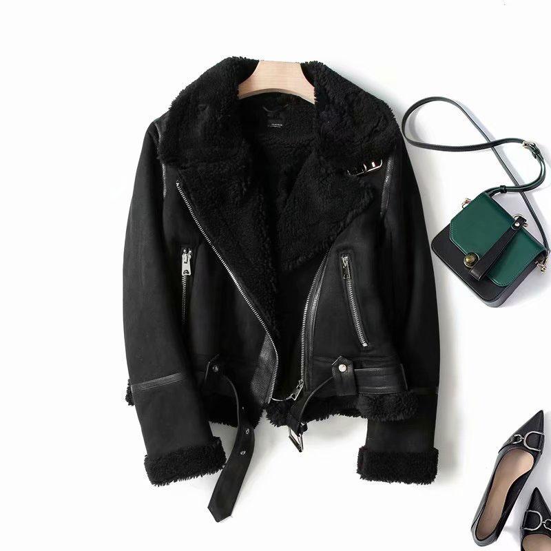 Winter Women Thick Warm Suede Lamb Jacket Short Motorcycle Coats Jacket for Women Double-sided Faux Shearling Sheepskin Leather Jackets Outwear