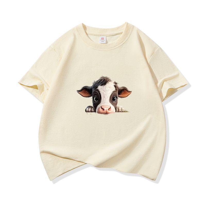 Kids Pure Cotton T Shirt Black And White Baby Cow Peeking Print Crew Neck Short Sleeve Tee Casual Boys Girls Summer Tops