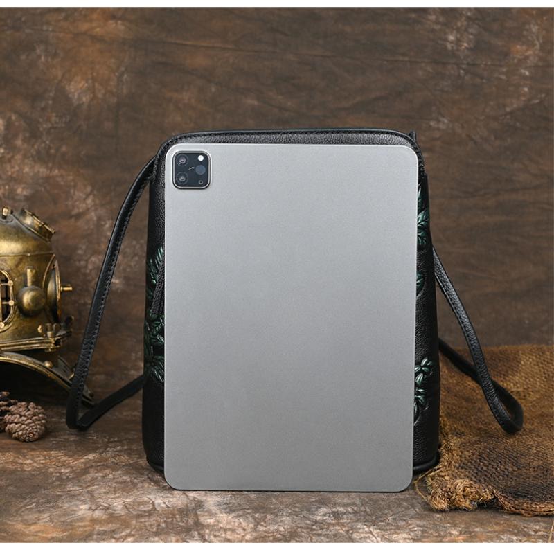 Johnature Genuine Leather Lightweight Versatile Small Bucket Bag Exquisite Flowers Women Shoulder Crossbody Bags