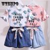 Летний костюм для девочек, темпераментная детская одежда, футболка с круглым вырезом и короткими рукавами + джинсовые шорты, комплект из двух предметов