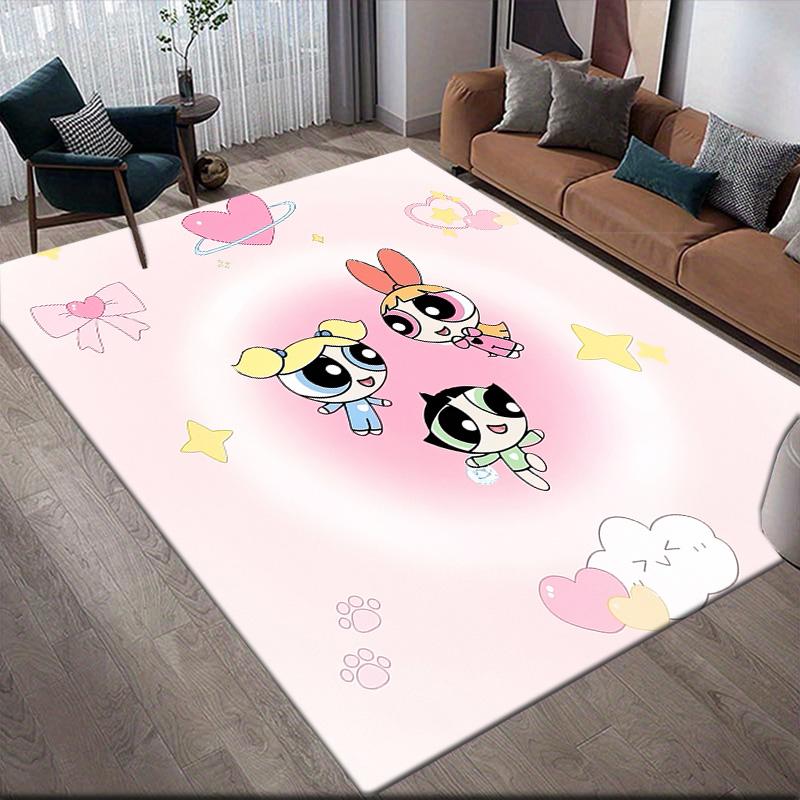 Противоскользящий напольный коврик из коллекции Powerpuff Girls, прямоугольный, для гостиной, игровой зоны и спальни.