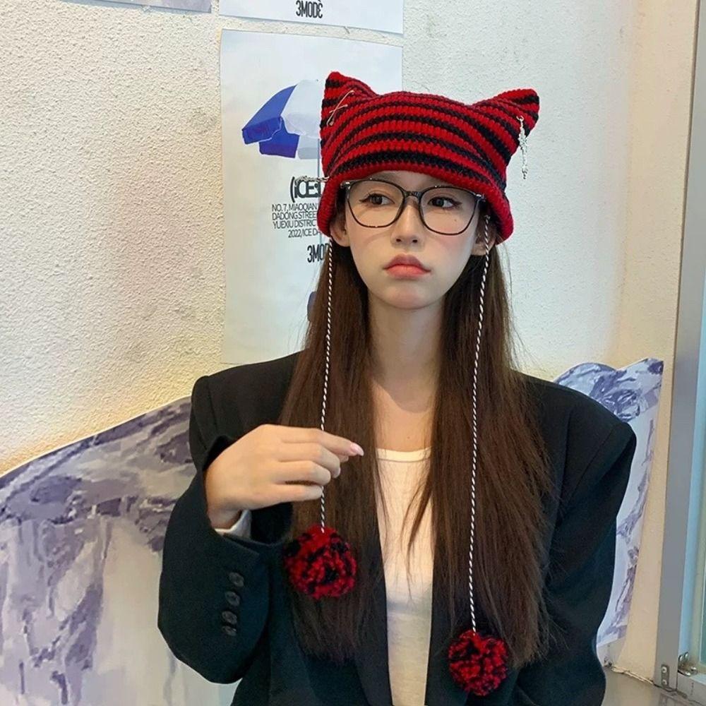 Hats Autumn Winter Pointed Pullover Striped Ins Little Devil Japanese Beanie Hat Knitted Wool Cap