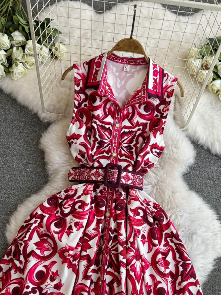 Summer Women Lapel Single Breasted Brand Designer Vintage Print Sleeveless Tank Runway Party Dresses with Belt