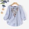ZANZEA Women Casual V-neck 3/4 Sleeve Embroidery Stripe Blouse