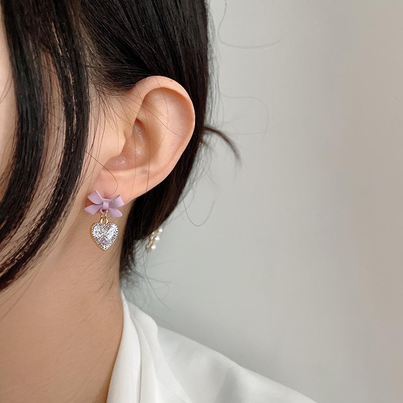 Shiny Resin Rhinestone Heart Drop Earrings for Women Elegant Purple Hollow Out Bow Knot Dangle Earrings Cute Sweet Jewelry Gift
