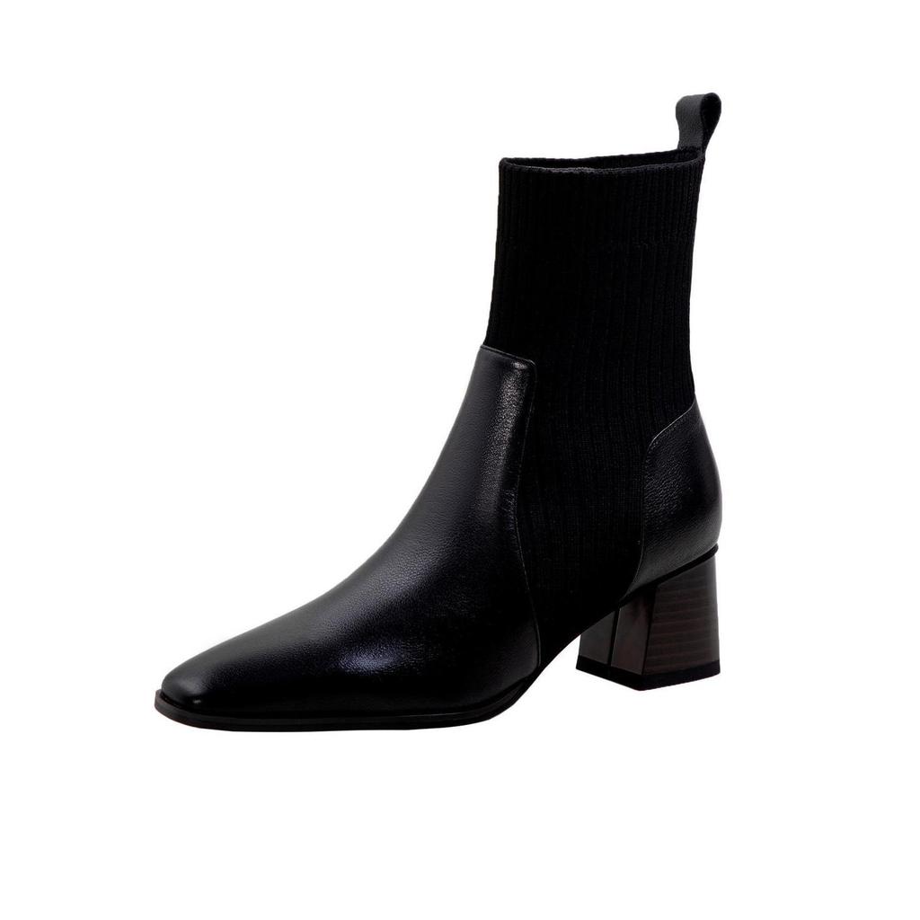 Female Ankle Boots Black Leather Footwear Short Shoes for Women Elegant with Medium Heels Sock Booties Spring Autumn Waterproof