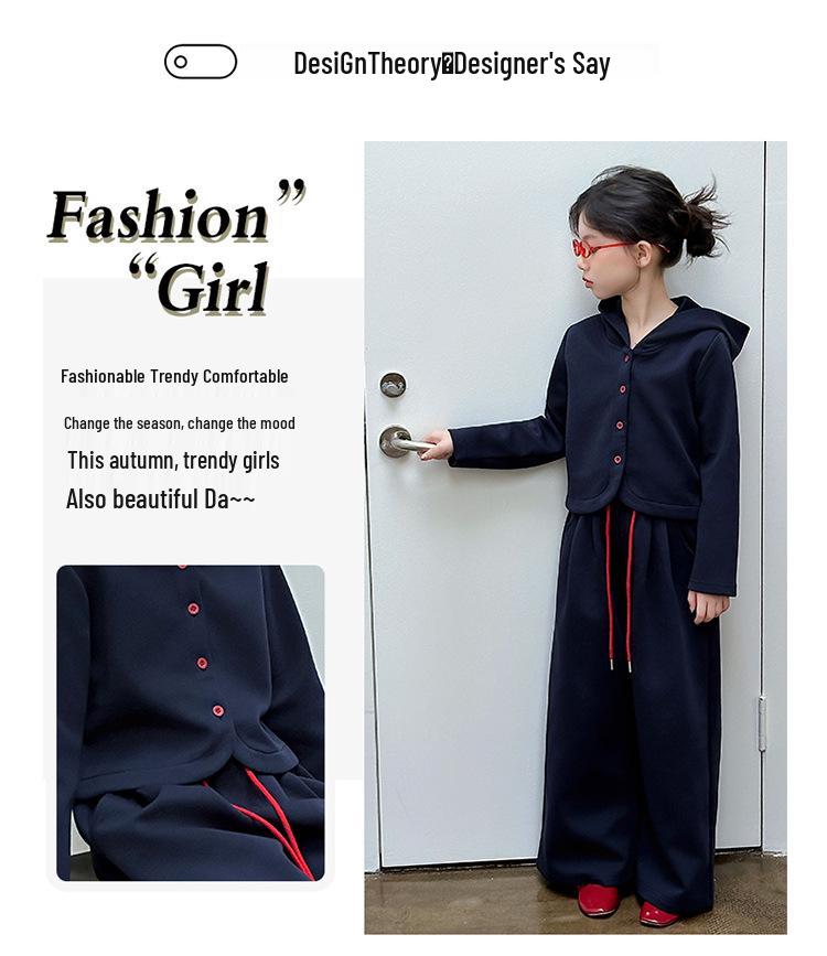 Big Girls' Navy Blue Autumn Fashion Set: Hooded Jacket & Casual Two-Piece Outfit (2025 Style)