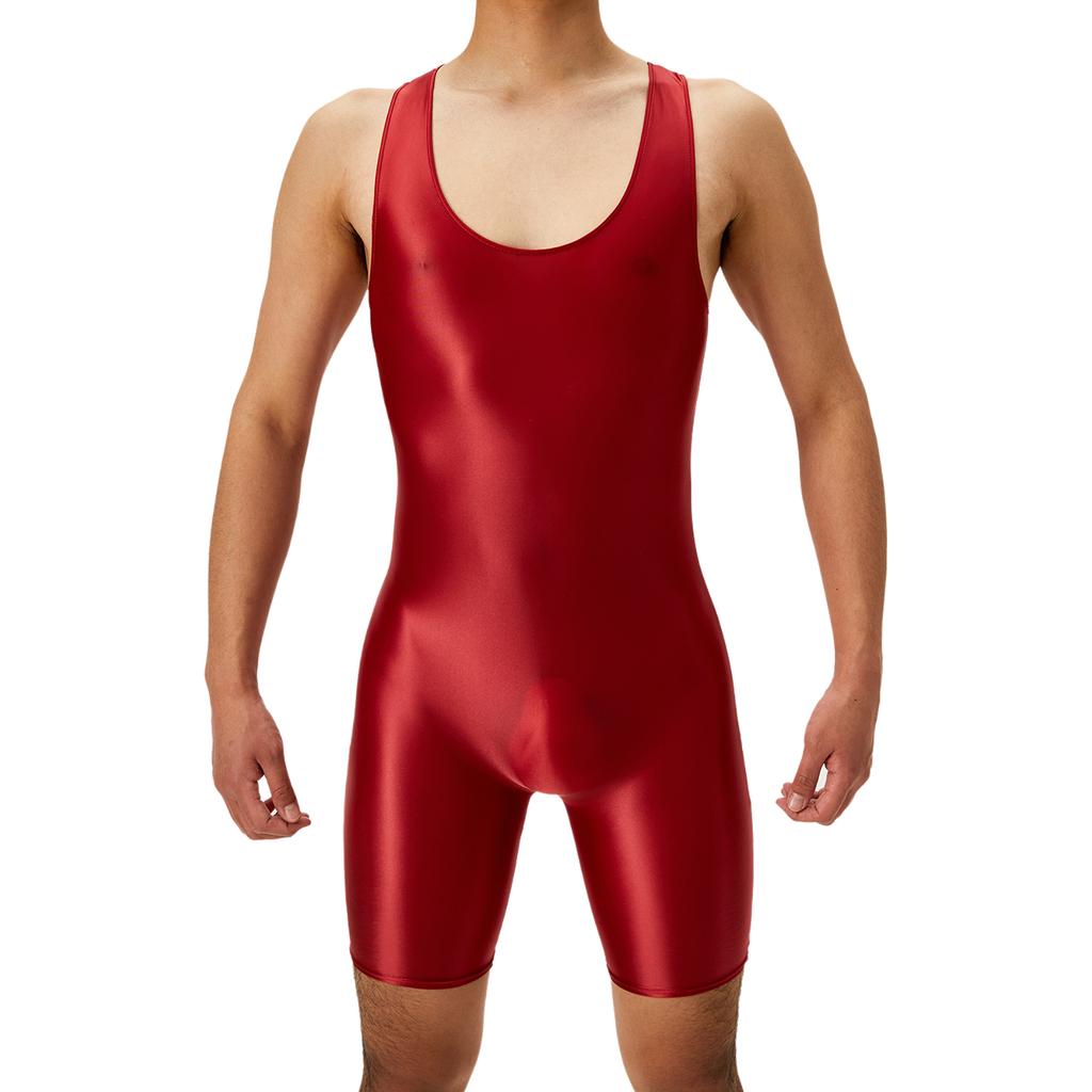 Mens Oil Shiny Wrestling Singlet Scoop Neck Boxer Bottom One Piece Bodysuit Romper for Athletic Sports Competition Gym Training