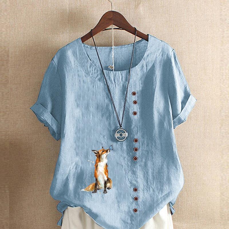 Women's Fashion Round Neck Short Sleeve T-shirt Casual Cotton Linen Graphic Shirt Leisure Loose Fox Prined Summer Blouse Tops