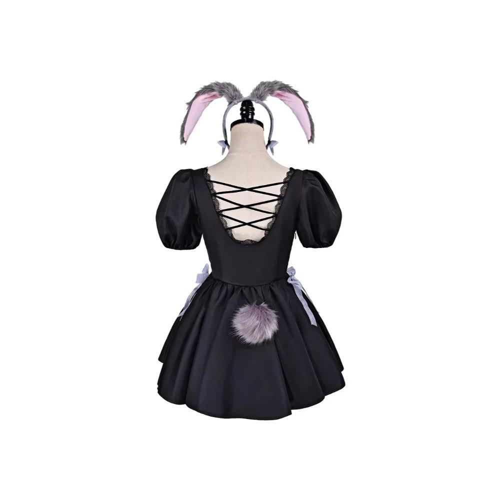 Cute Gray Bunny Ear Black Puff Sleeve Short Dress Cosplay Set Women Outfit w Headband Tail Bow For Halloween Carnival Party