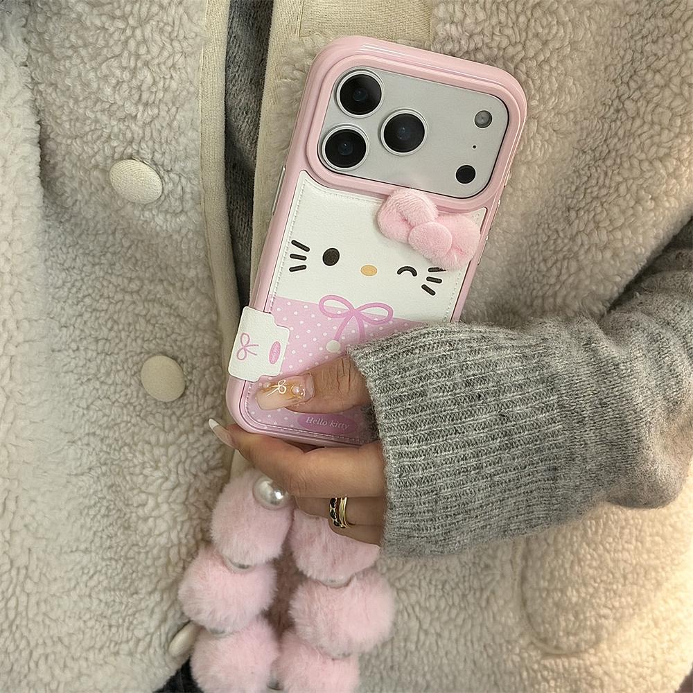 НОВЫЙ Розовый Конфетный Кожаный Милый Мини Чехол Sanrio Hello Kitty Для iPhone 17 16 15 14 Pro Max Зимний Теплый Ударопрочный Чехол-Крышка с Ремешком на Запястье