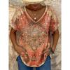 2025 Ethnic Women's T-shirt Retro Graphic Fashion Short-sleeved V-neck Regular Blouse Printing Summer and Spring Casual Blouse
