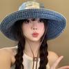 Japanese sticker denim bucket hat women wash old big brim show face small sunshade sunscreen hat