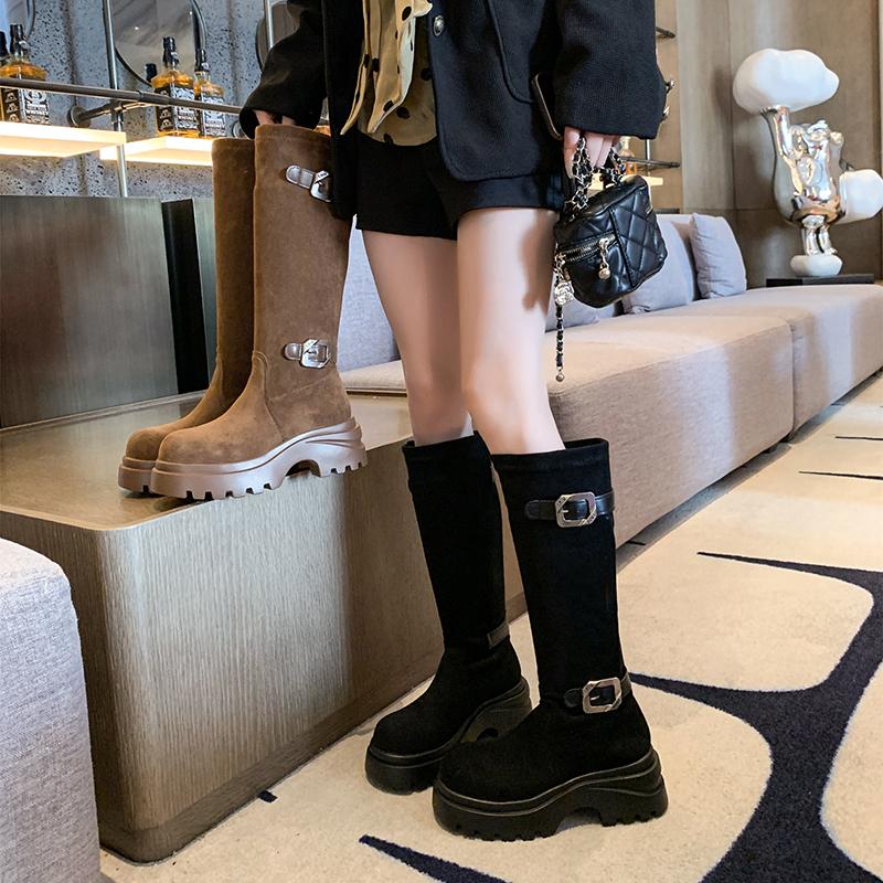 Мода 2025 Женские Стильные Сапоги-Слоучи до Середины Икры Мягкие Удобные с Дизайном Круглого Носка Застежка-Пряжка Дизайн Повседневная Обувь для Улицы