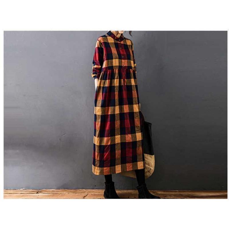 Women's Loose Spliced Cotton Linen Long Sleeved Dress