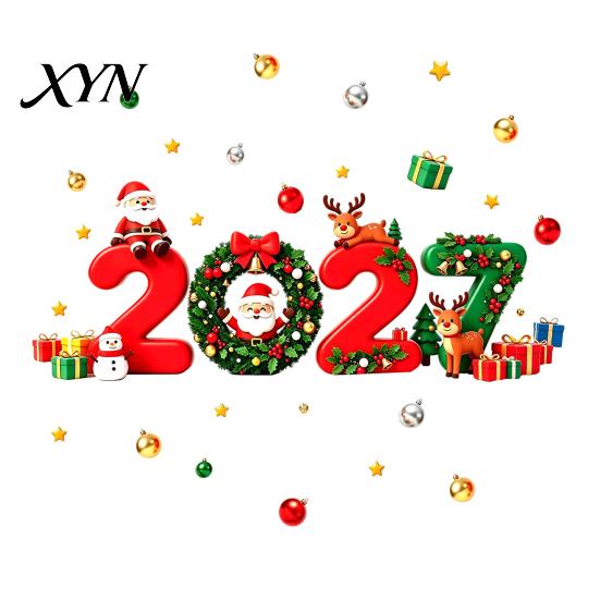 Украшения для Новогодней Вечеринки 2027 Рождество Новый Год Наклейки на Окно, Санта Олень Шар с Подарком Статические Креативные для Друзей Наклейки, ПВХ Съемные