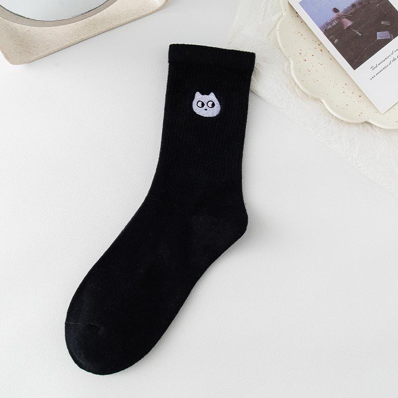 Women's Mid-Tube Cotton Socks - Black & White Japanese Embroidered Design for Autumn/Winter