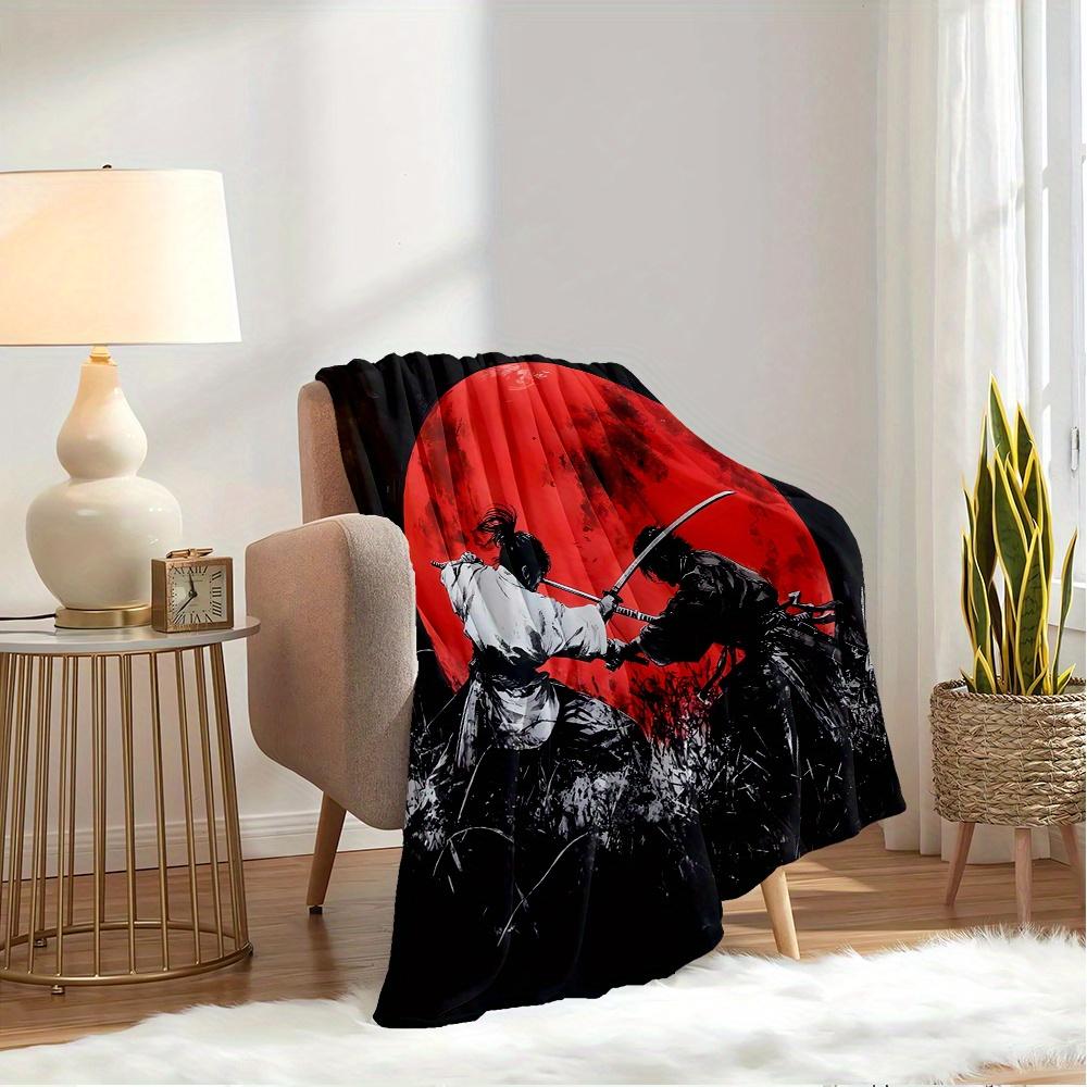 For Samurai,Duel,Red Moon-Themed Flannel Blanket, Glam Style, Digital Print, All-Season Comfort, Tear-Resistant, Knitted Craftsmanship, Poly