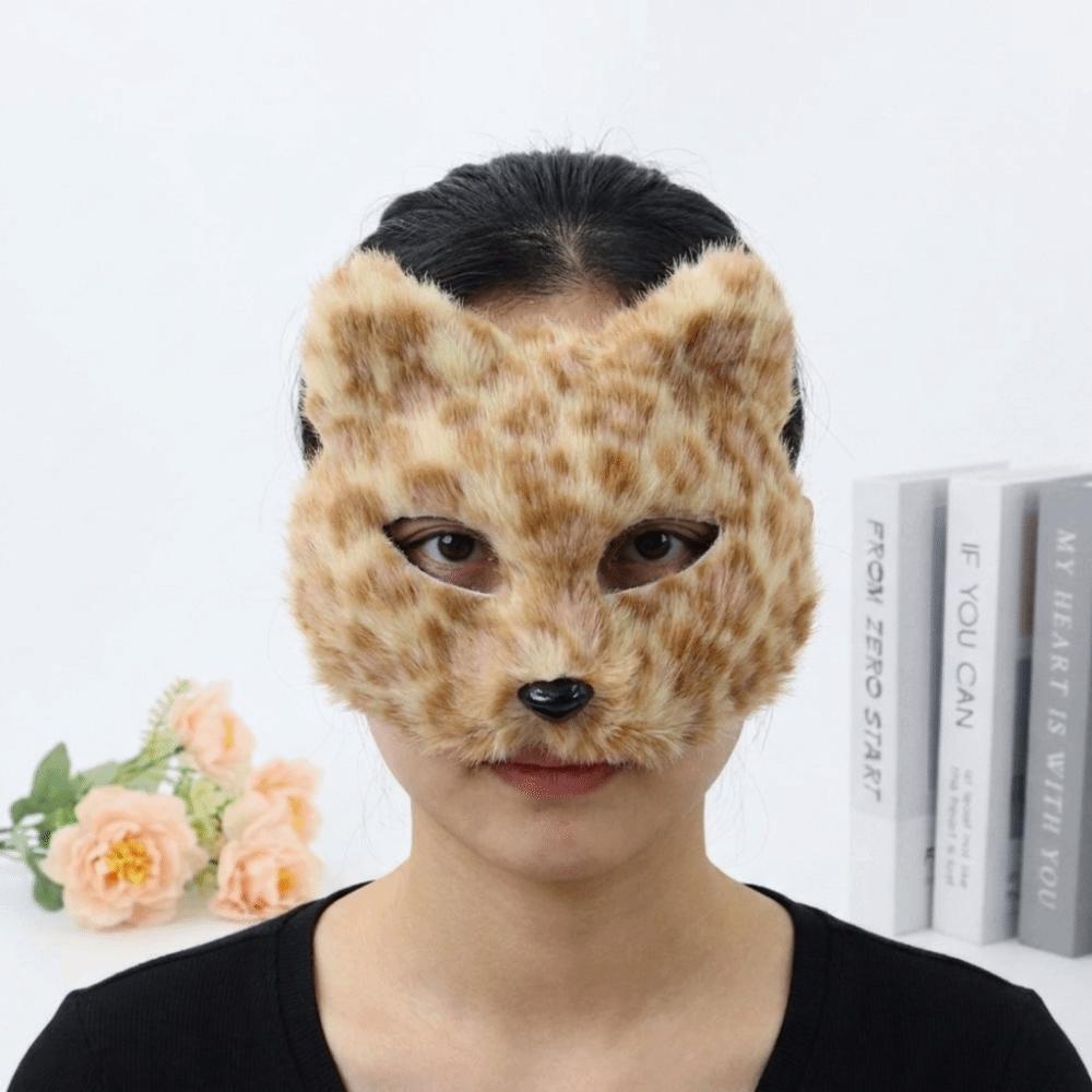 Realistic Cat Plush Mask Leopard Print Halloween Plush Mask Simple Masquerade Mask Cosplay Props