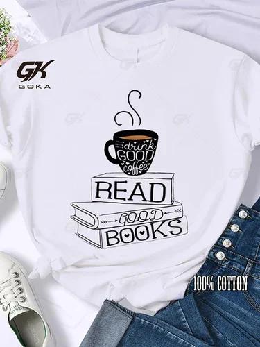 Кофе Книги Коричневые Книги Американский Ретро Хлопковая Футболка Женская Футболка с Круглым Вырезом и Рукавом Три Четверти Принтованные Топы Женские Футболки Оверсайз