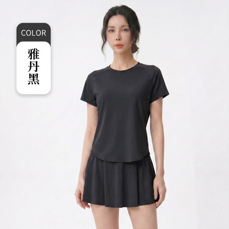Womens Breathable Quick-Dry Yoga Set Short Sleeve Top Tennis Skirt Lightweight Activewear Gym Running Pilates