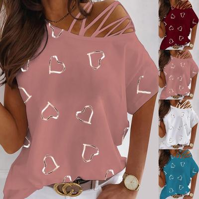 Женская летняя футболка с принтом «Любовь», повседневная футболка с круглым вырезом и открытыми плечами, нерегулярная футболка с короткими рукавами