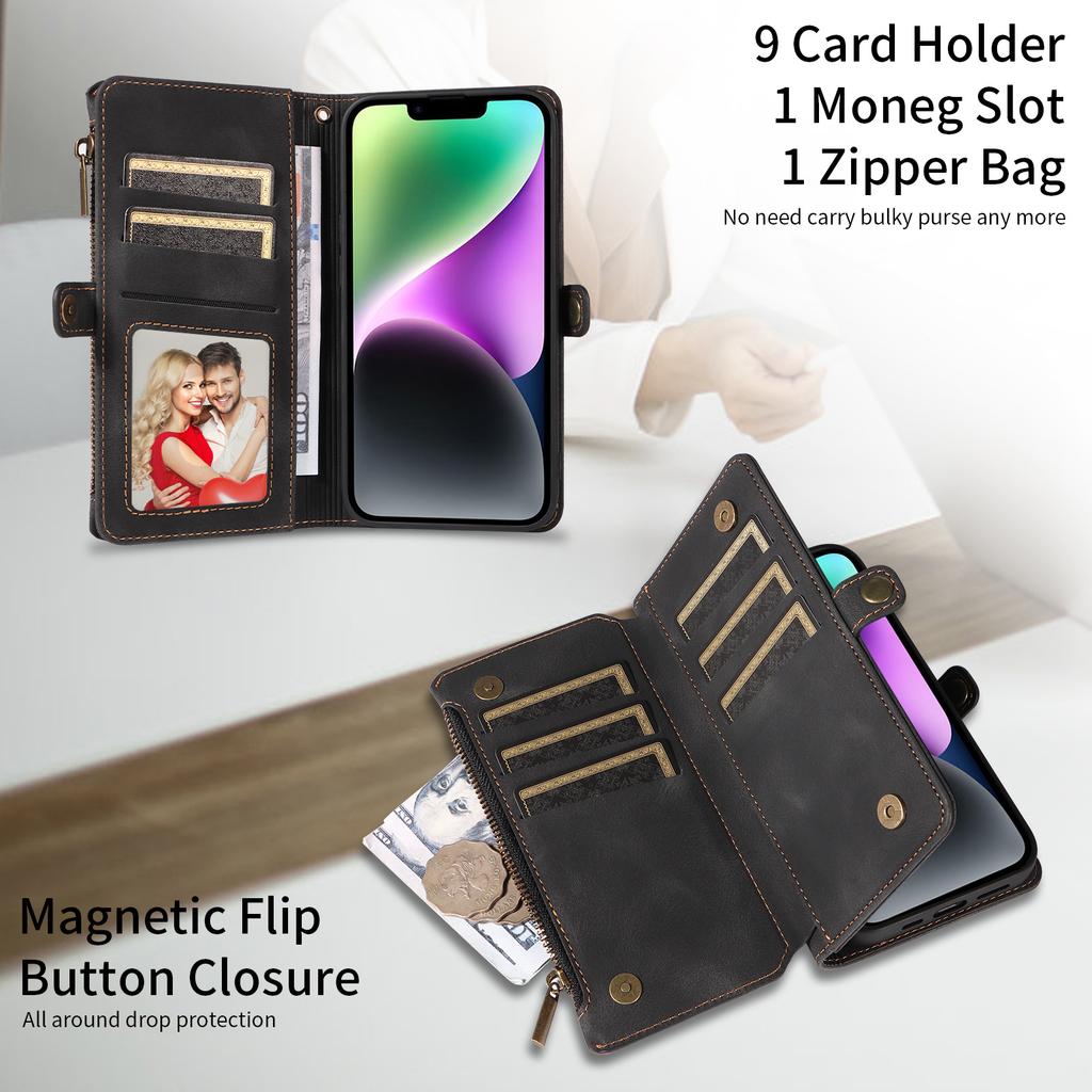 Zipper Pocket Leather Phone Case for iPhone 15,RFID Blocking Wallet Stand Phone Cover