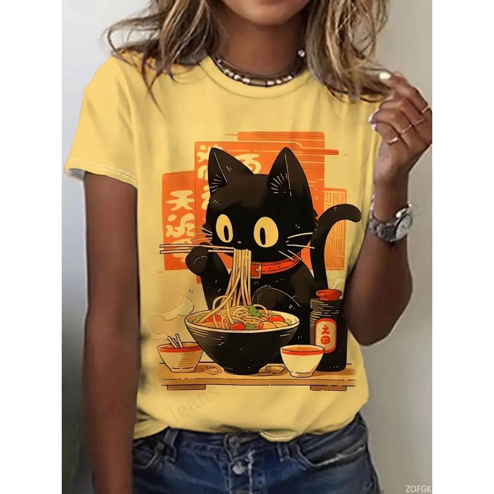 Anime Cat Duck Print Graphic T-shirt Women Fashion Casual Cartoon Oversized Short Sleeve Tops Tees Ladies Clothes Animal