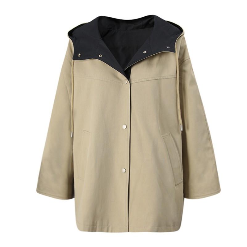 Womens Oversized Hooded Colorblock Cotton Blend Trench Coat Loose Fit Casual Outerwear