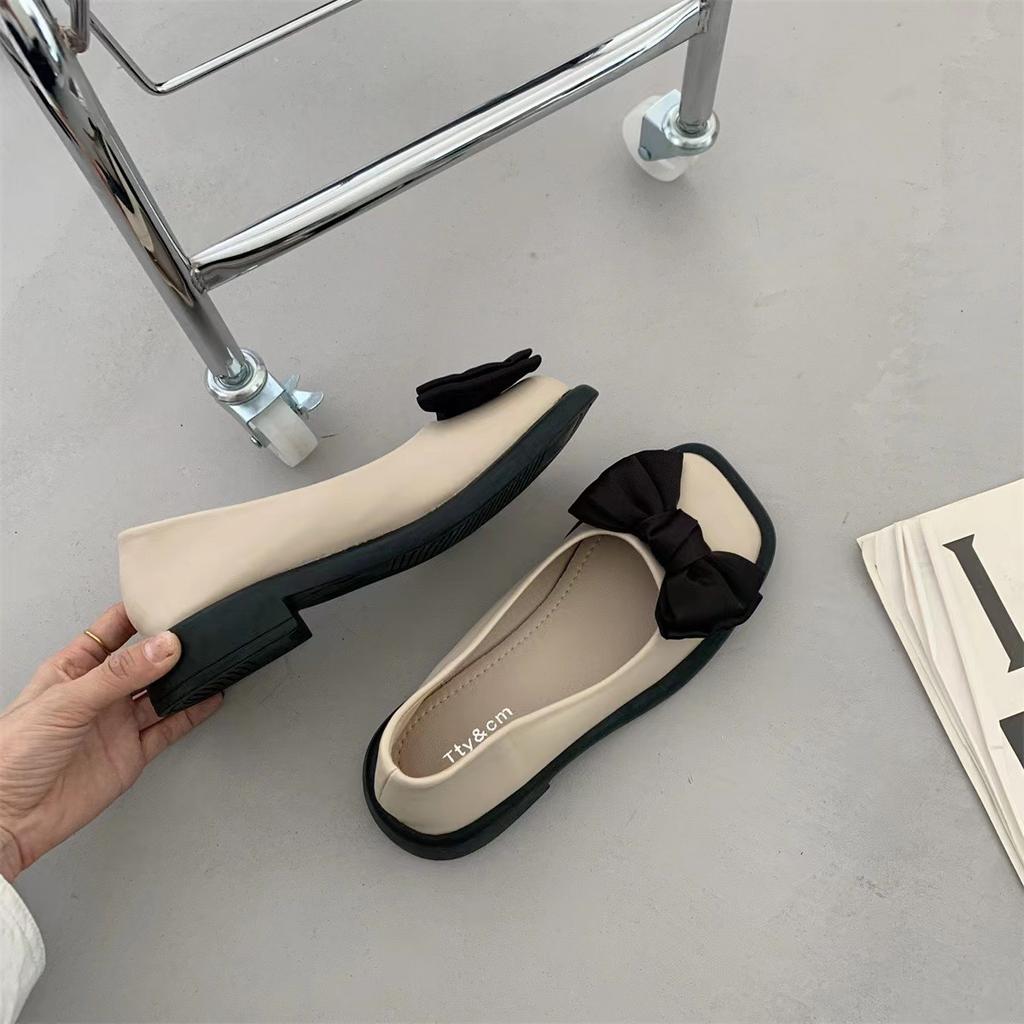Womens Shoes Low Heel French Bow Retro Square Head Shallow Mouth Mary Jane Shoes New 2024 Retro Shoes Women Ladies Shoes