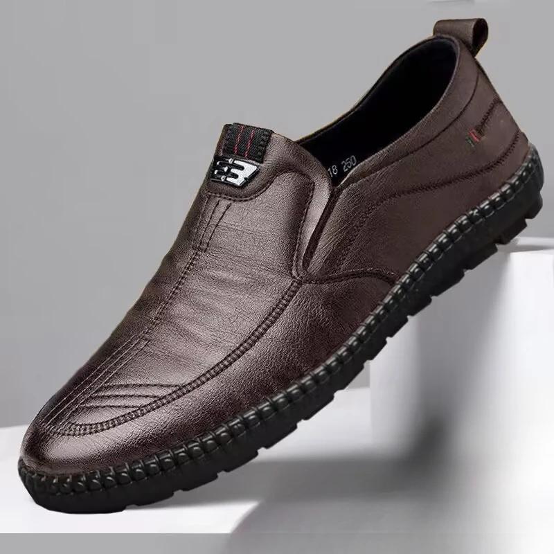 Мужские кожаные лоферы, нескользящие прогулочные туфли на плоской подошве, дышащая уличная повседневная обувь без шнуровки для мужчин, рабочие офисные кроссовки для вождения