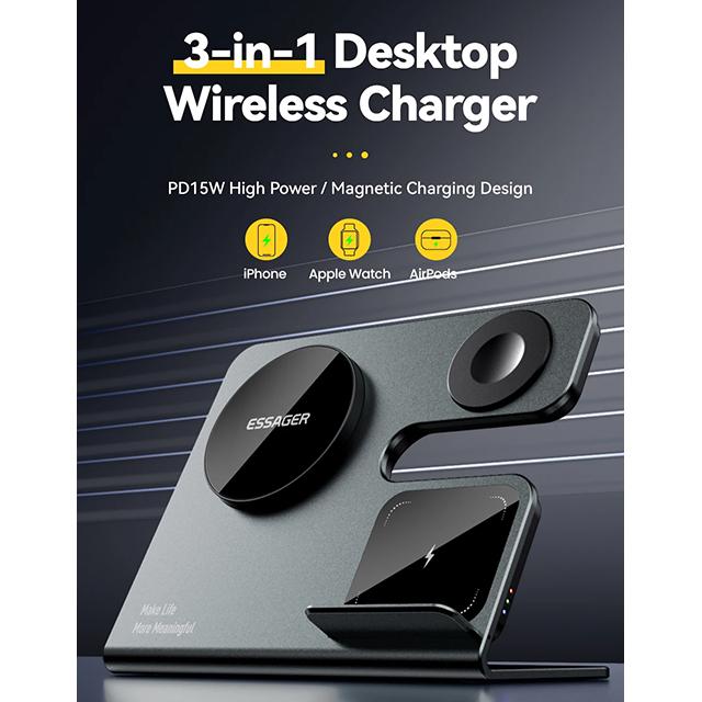 Essager 3 в 1 магнитное беспроводное настольное зарядное устройство PD15W быстрая зарядная станция для iPhone 15 14 13 12 Pro Max Apple Watch Airprods