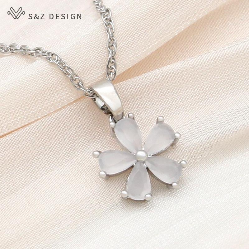 Stylish Rose Gold Color Cute Cubic Zirconia Flower Drop Earrings Jewelry Sets For Women Wedding Elegant Fashion Pendant Necklace